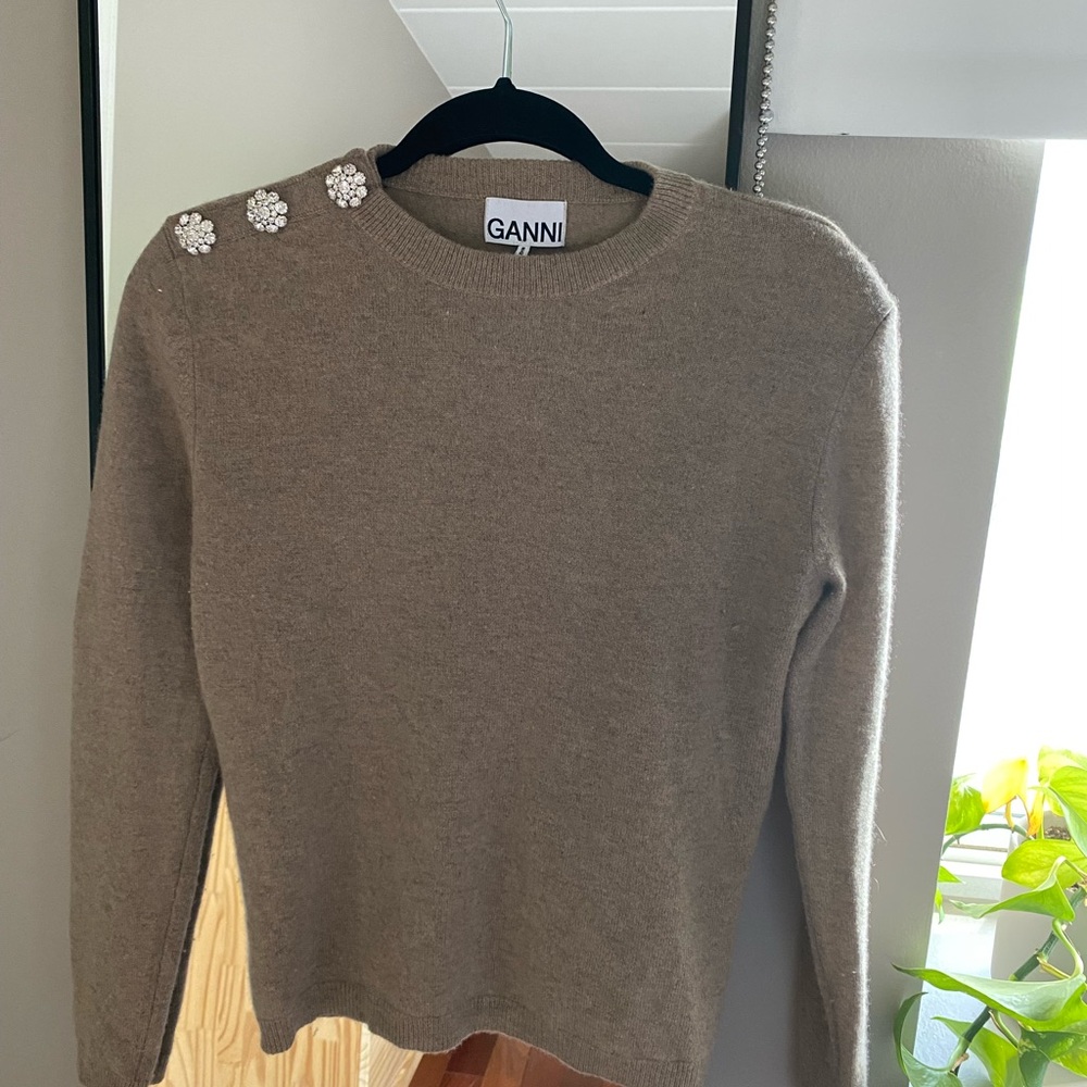 Ganni Beige Sweater with Embellished Shoulder